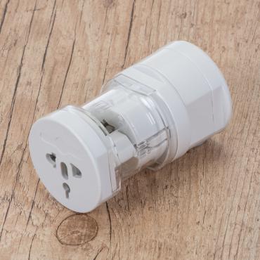 Adaptador universal branco em plástico resistente com detalhe acrílico