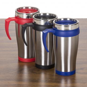 Caneca inox 400 ml com pegador e parte inferior plástica colorida.