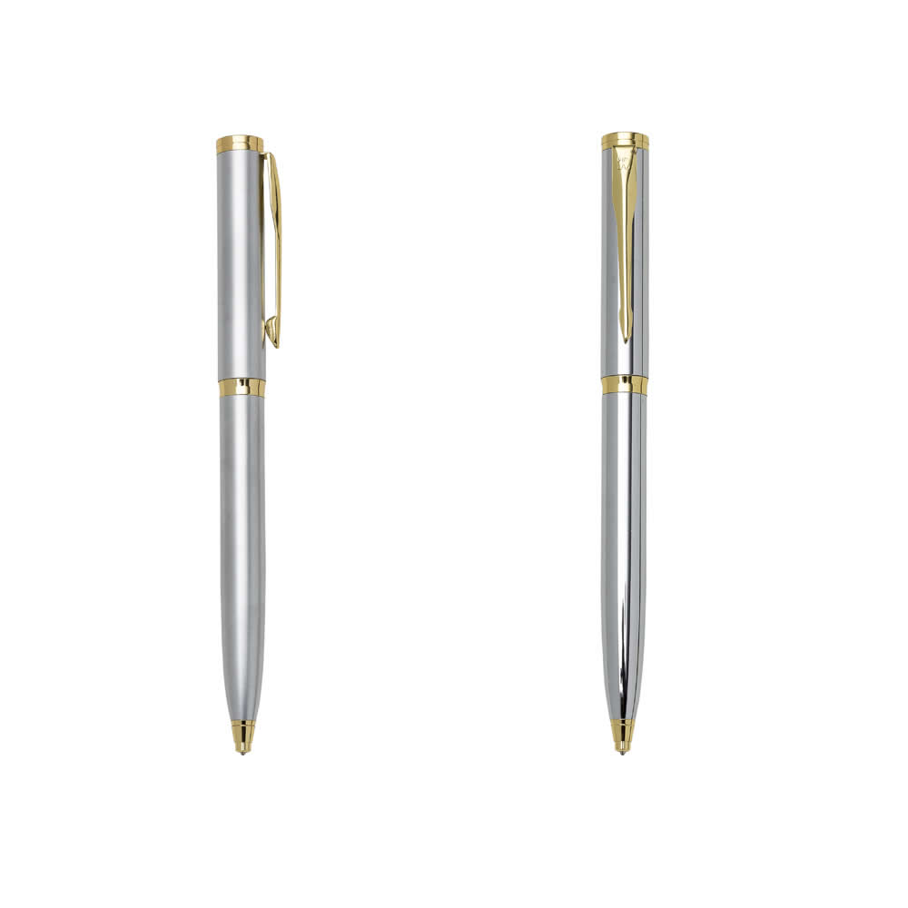 Caneta metal inteira prata com detalhes dourados