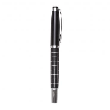 Caneta metal roller preta com detalhes prata e quadriculados