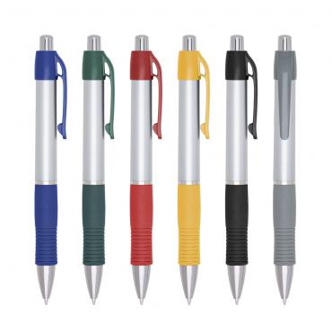 Caneta plas prata detalhes coloridos Clip plas colorido