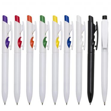 Caneta plástica branca com detalhes no acionador e destravador colorido.