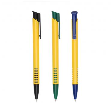 Caneta plástica corpo amarelo.