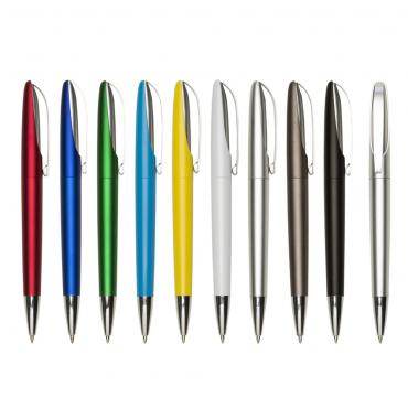 Caneta plástica inteira colorida com detalhes prata 10