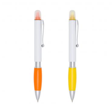 Caneta plástica marca texto com corpo branco e detalhes coloridos.