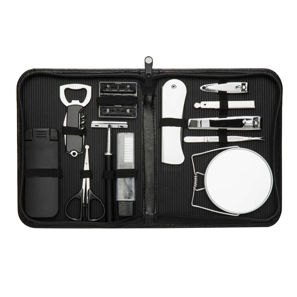 Kit manicure masculino 12 peças em estojo de couro sintético com zíper