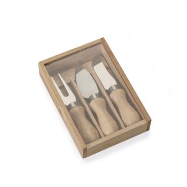 Kit queijo 3 peças em estojo de madeira
